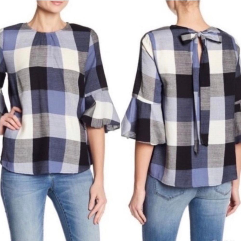 Ro & De Blue Plaid Bow Back Blouse